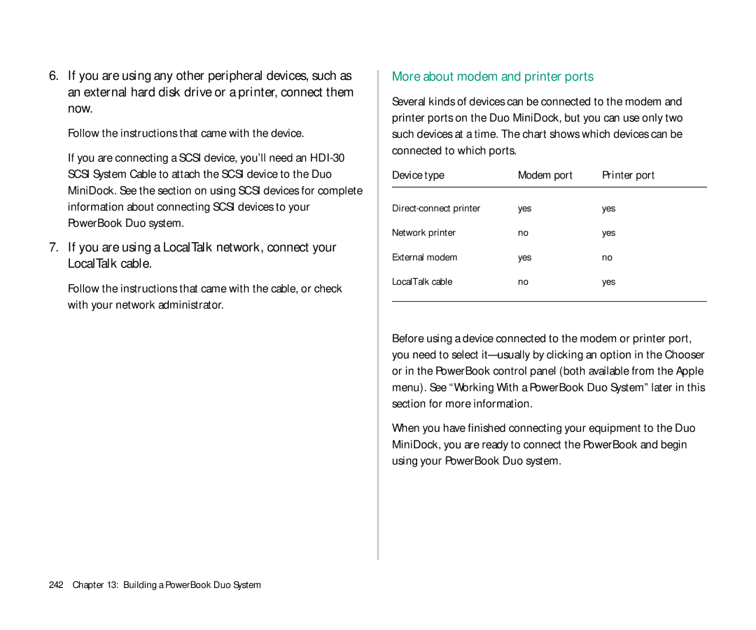 Apple Duo 270C manual More about modem and printer ports, Follow the instructions that came with the device 