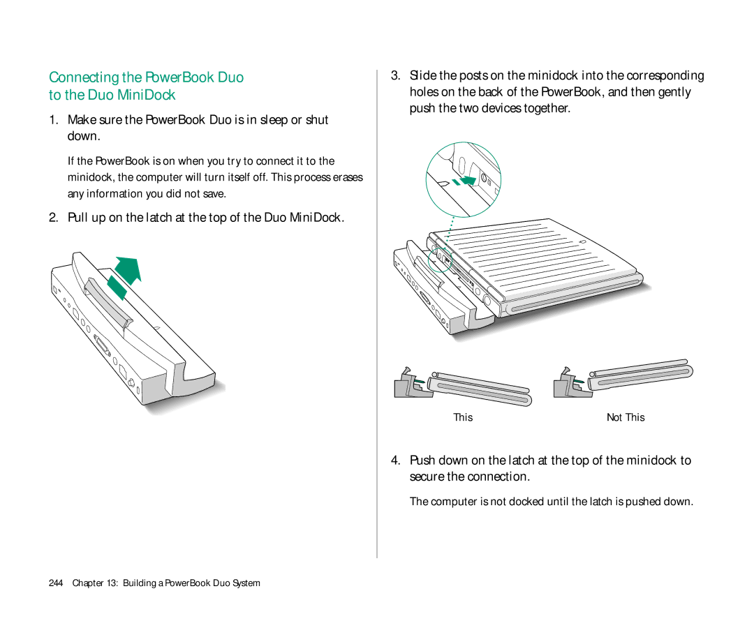 Apple Duo 270C Make sure the PowerBook Duo is in sleep or shut down, Computer is not docked until the latch is pushed down 