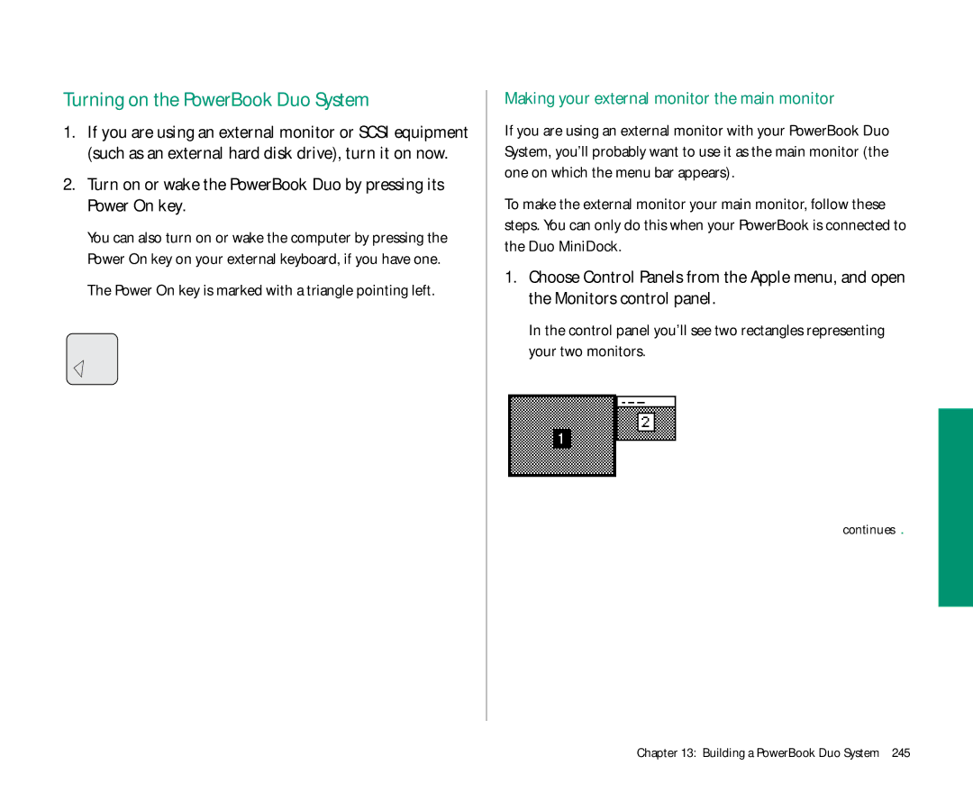 Apple Duo 270C manual Turning on the PowerBook Duo System, Making your external monitor the main monitor 