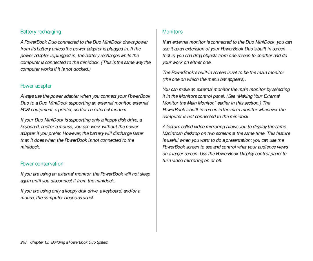 Apple Duo 270C manual Battery recharging, Power adapter, Monitors 