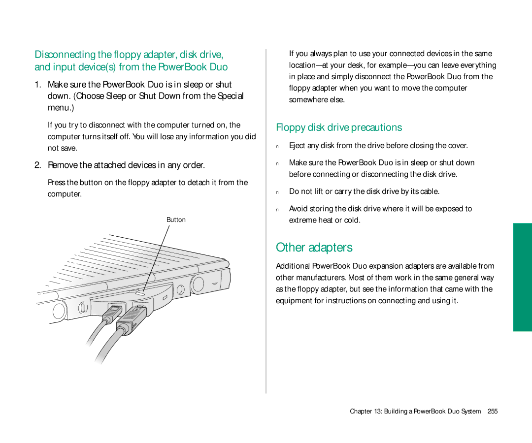 Apple Duo 270C manual Other adapters, Floppy disk drive precautions, Remove the attached devices in any order 
