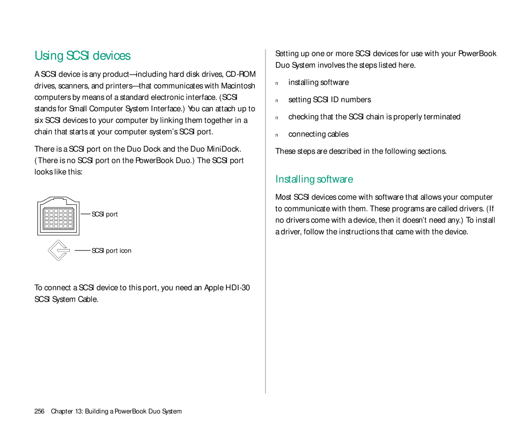 Apple Duo 270C manual Using Scsi devices, Installing software, Scsi port Scsi port icon 