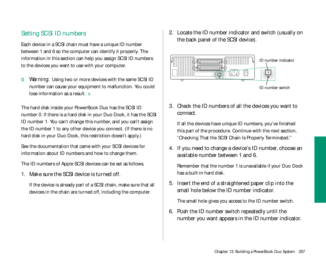 Apple Duo 270C Setting Scsi ID numbers, Make sure the Scsi device is turned off, ID number indicator ID number switch 