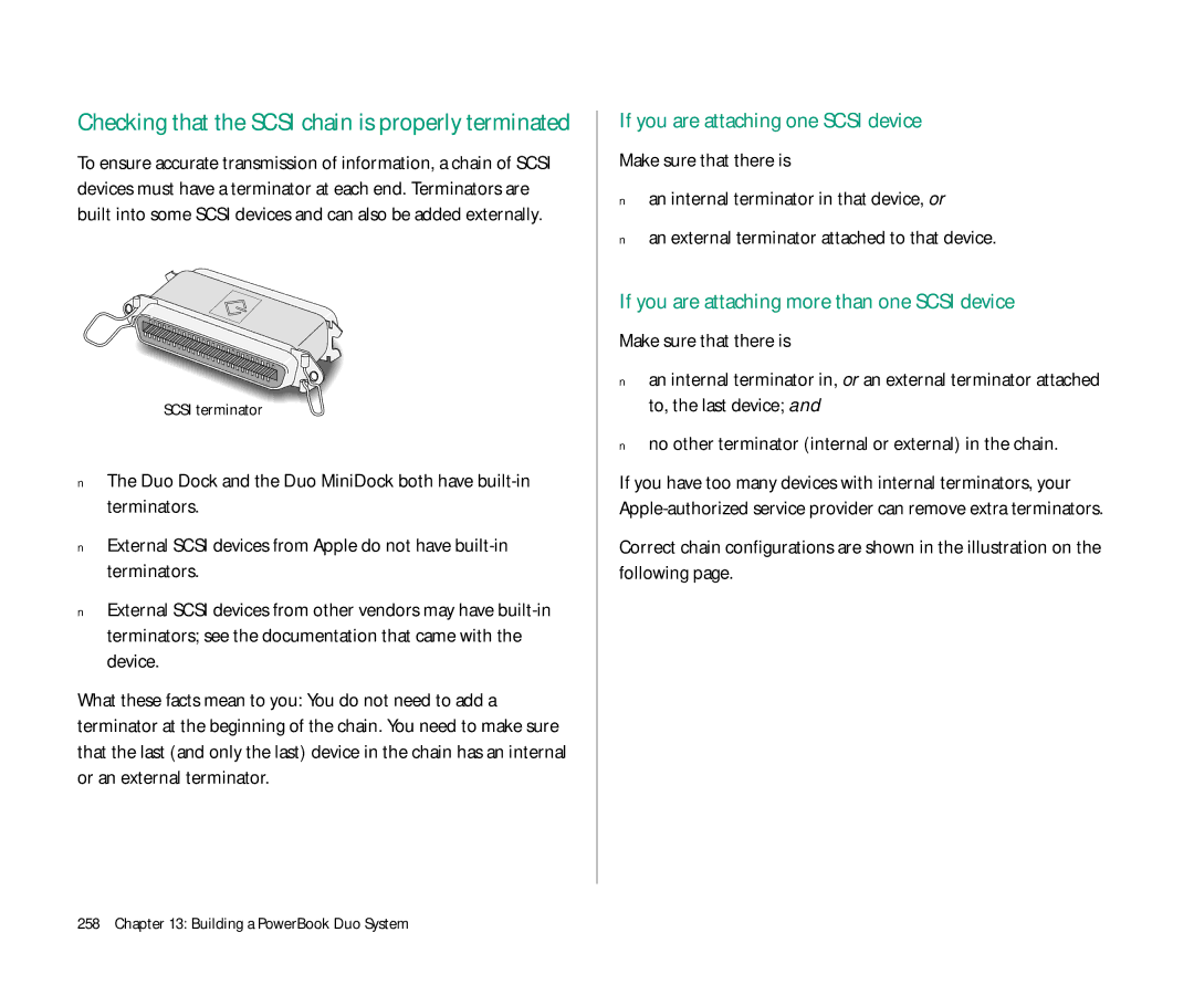 Apple Duo 270C Checking that the Scsi chain is properly terminated, If you are attaching one Scsi device, Scsi terminator 