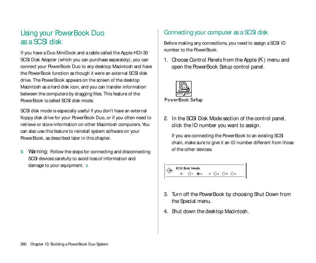 Apple Duo 270C manual Using your PowerBook Duo as a Scsi disk, Connecting your computer as a Scsi disk 