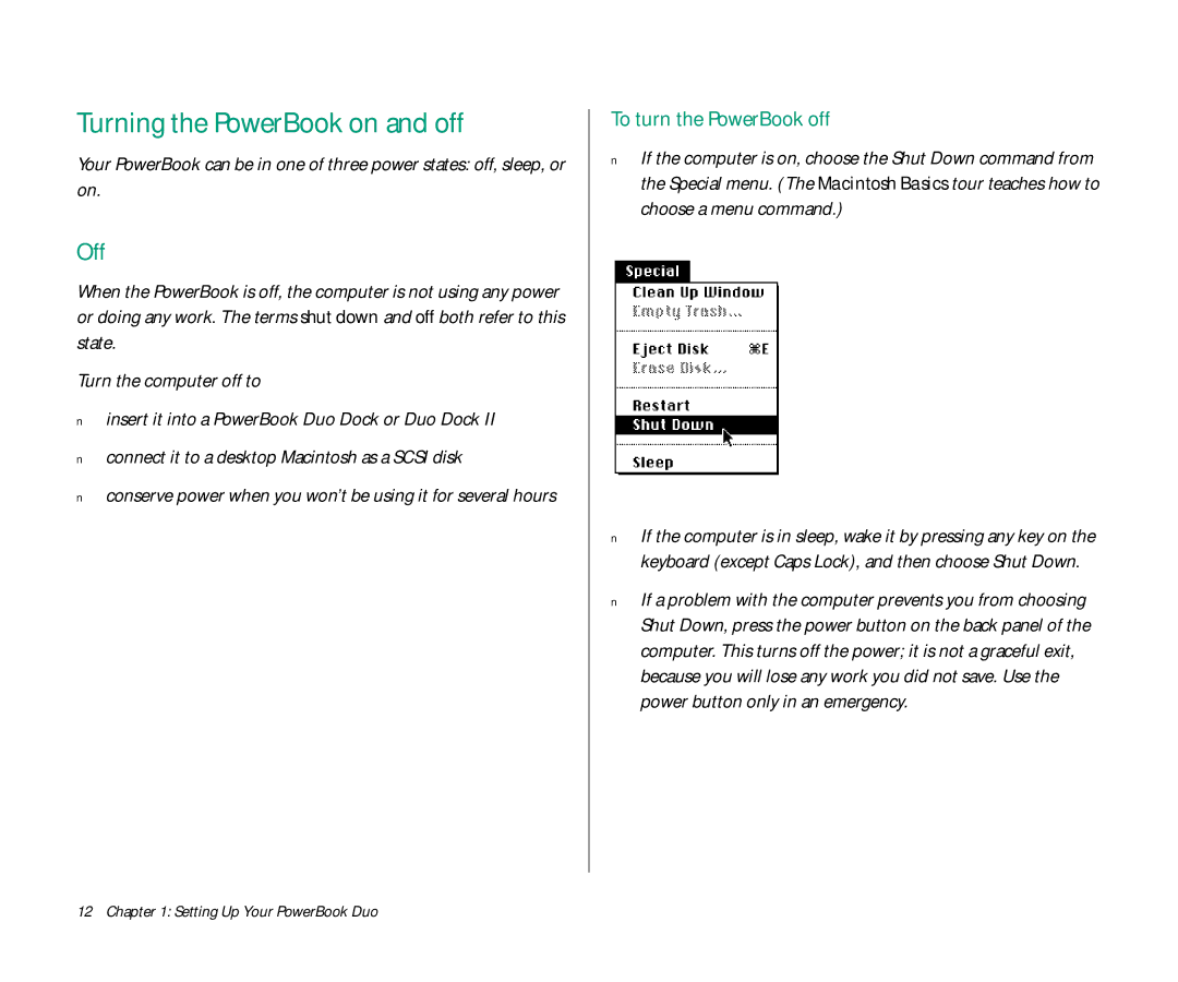 Apple Duo 270C manual Turning the PowerBook on and off, Off, To turn the PowerBook off 
