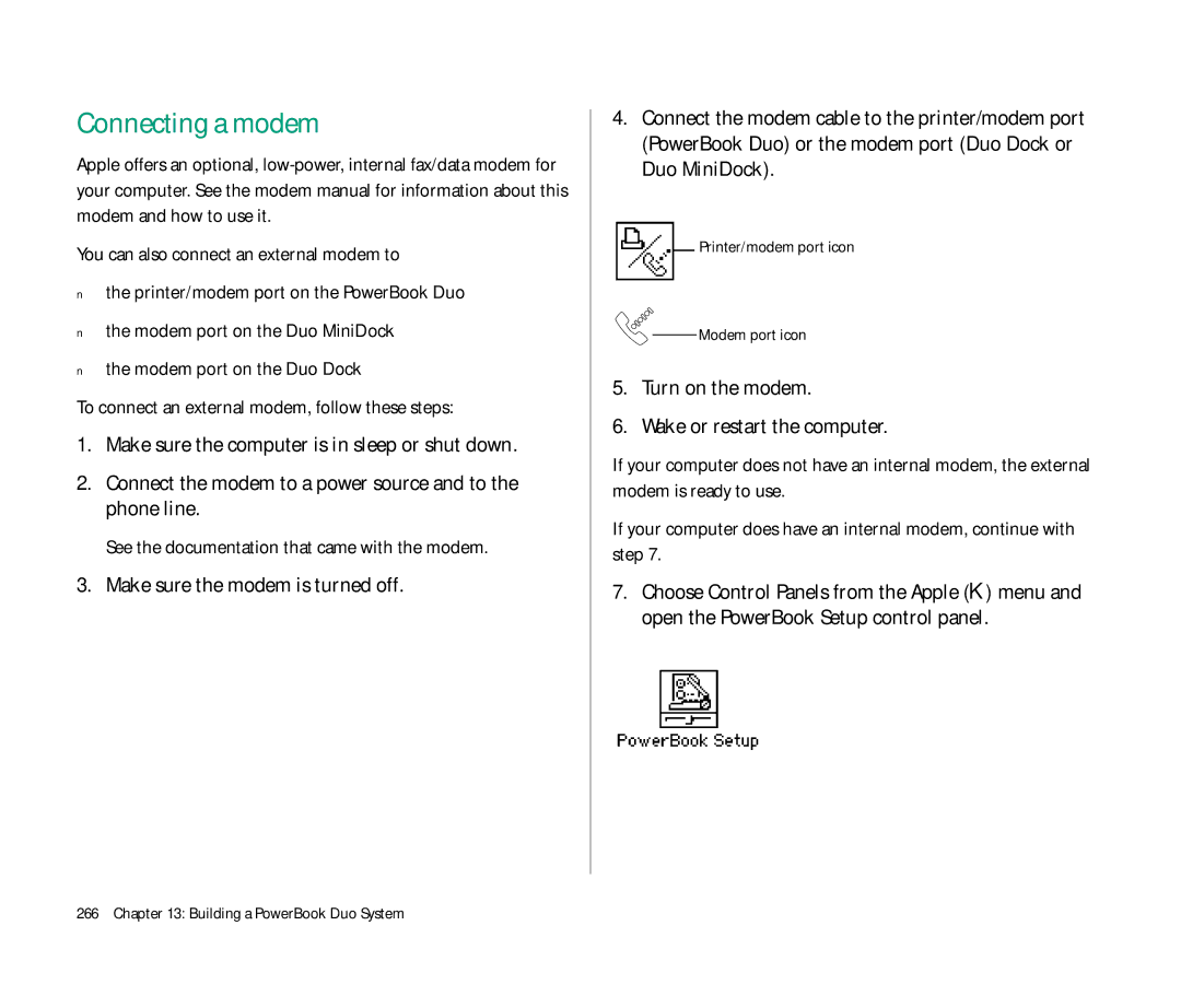 Apple Duo 270C manual Connecting a modem, Connect the modem to a power source and to the phone line 