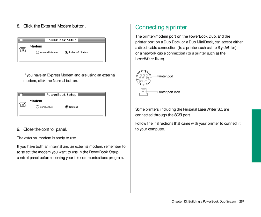 Apple Duo 270C manual Connecting a printer, Click the External Modem button, External modem is ready to use 