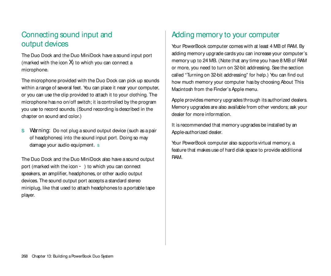 Apple Duo 270C manual Adding memory to your computer, Connecting sound input and output devices 