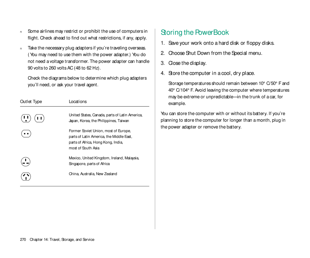Apple Duo 270C manual Storing the PowerBook, Japan, Korea, the Philippines, Taiwan, Travel, Storage, and Service 