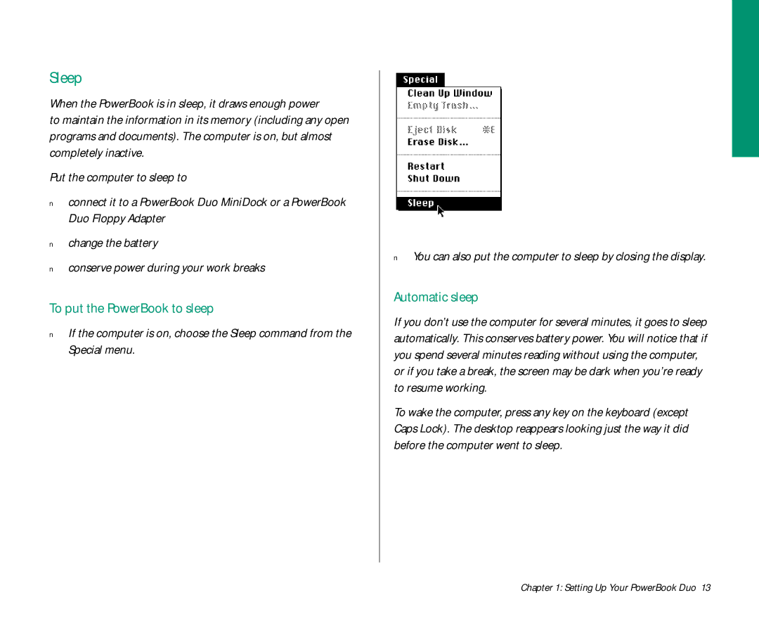 Apple Duo 270C manual Sleep, To put the PowerBook to sleep, Automatic sleep 