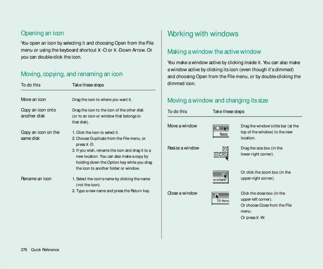 Apple Duo 270C manual Working with windows, Opening an icon, Moving, copying, and renaming an icon 