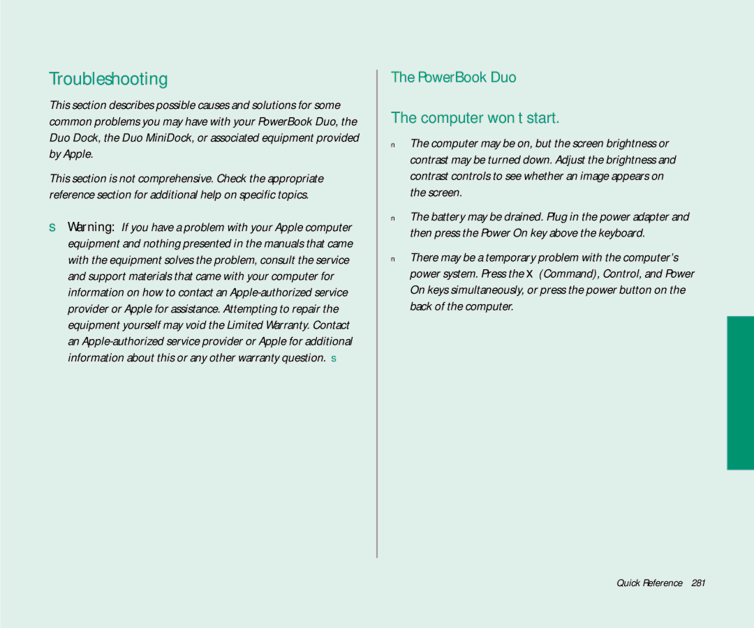 Apple Duo 270C manual Troubleshooting, PowerBook Duo 