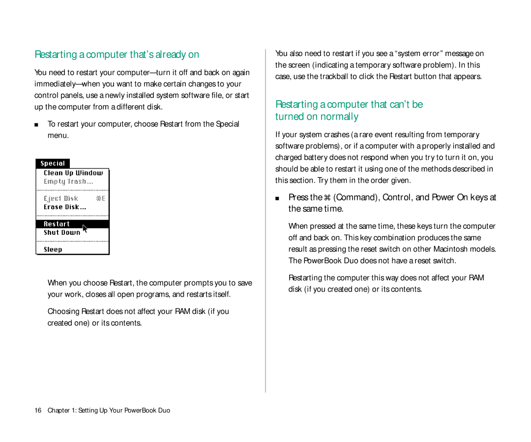 Apple Duo 270C manual Restarting a computer that’s already on, Restarting a computer that can’t be turned on normally 