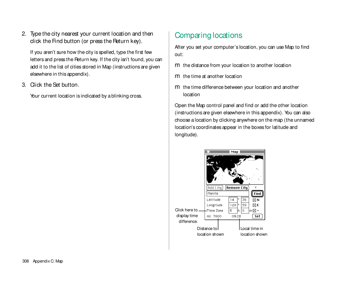 Apple Duo 270C manual Comparing locations, Click the Set button, Your current location is indicated by a blinking cross 