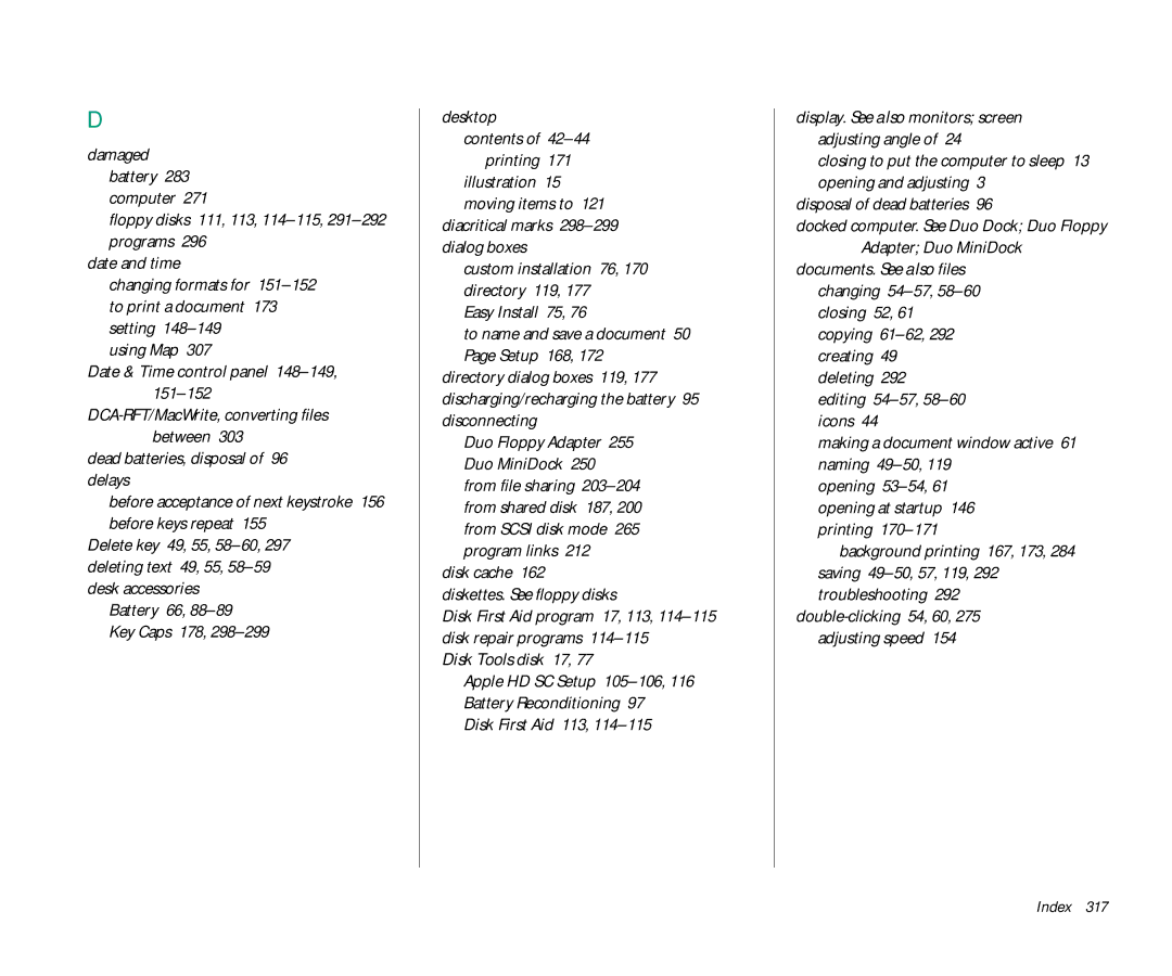 Apple Duo 270C manual Using Map Date & Time control panel 148-149, Dead batteries, disposal of 96 delays, Easy Install 75 