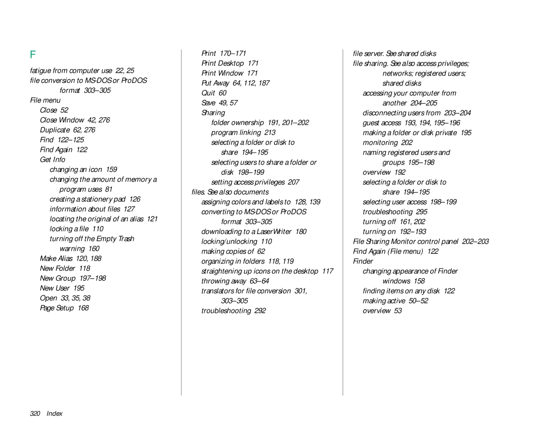 Apple Duo 270C manual Format 303-305File menu Close, Find Again 122 Get Info Changing an icon, Accessing your computer from 