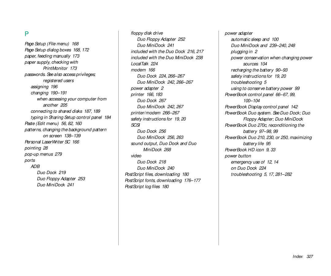 Apple Duo 270C PrintMonitor, Paste Edit menu 56, 82, Personal LaserWriter SC 166 pointing Pop-up menus 279 ports, Modem 