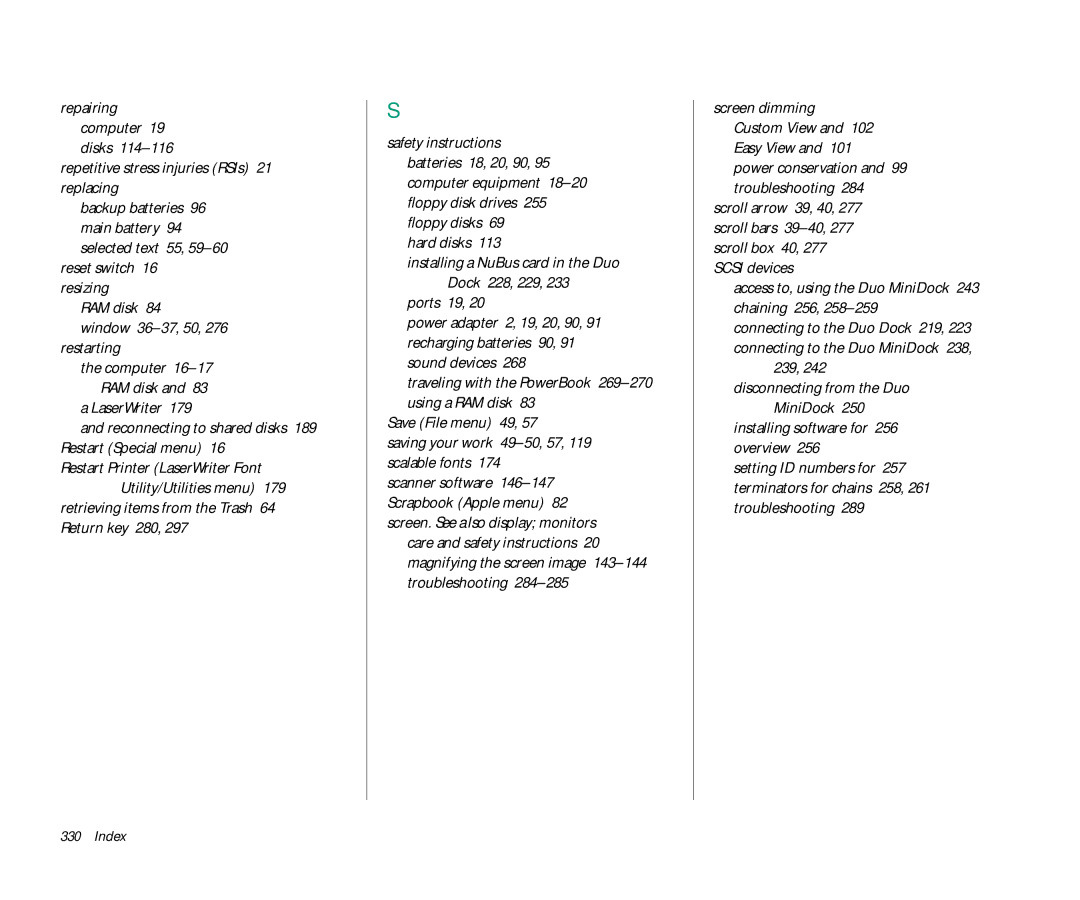Apple Duo 270C manual Repetitive stress injuries RSIs 21 replacing, LaserWriter, Ports 19 