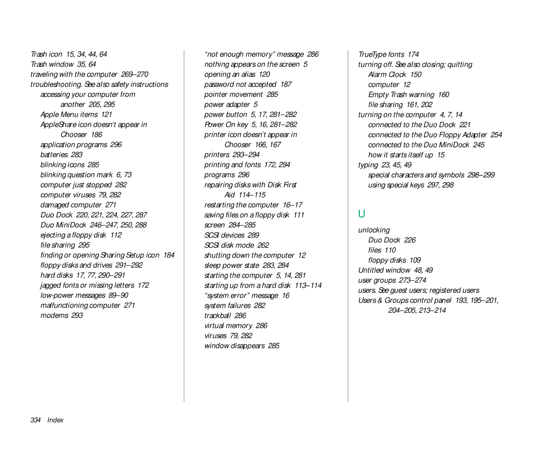 Apple Duo 270C Chooser, Blinking icons, Duo Dock 220, 221, 224, 227, File sharing, Printers, Typing 23, 45, Unlocking 