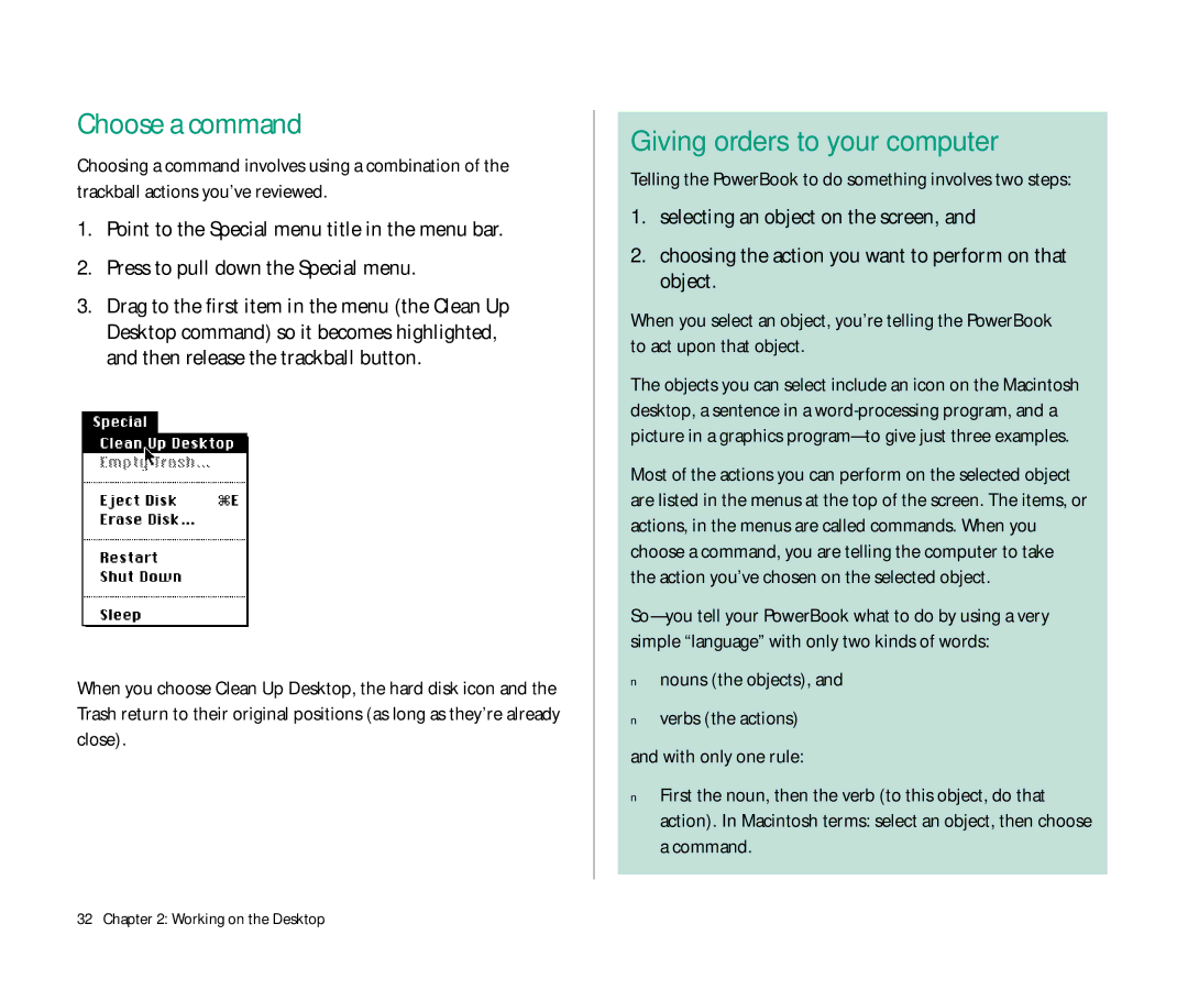 Apple Duo 270C manual Choose a command, Telling the PowerBook to do something involves two steps 
