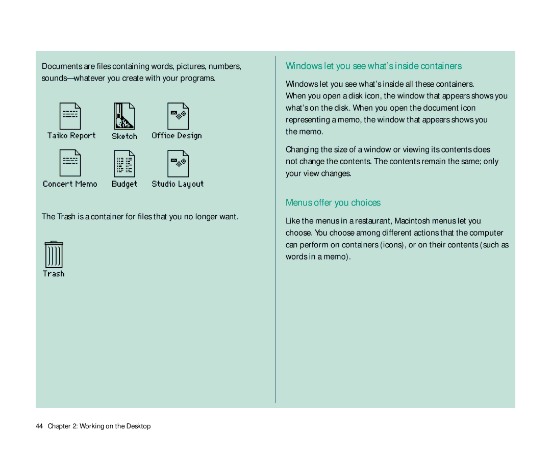 Apple Duo 270C manual Windows let you see what’s inside containers, Menus offer you choices, Memo 