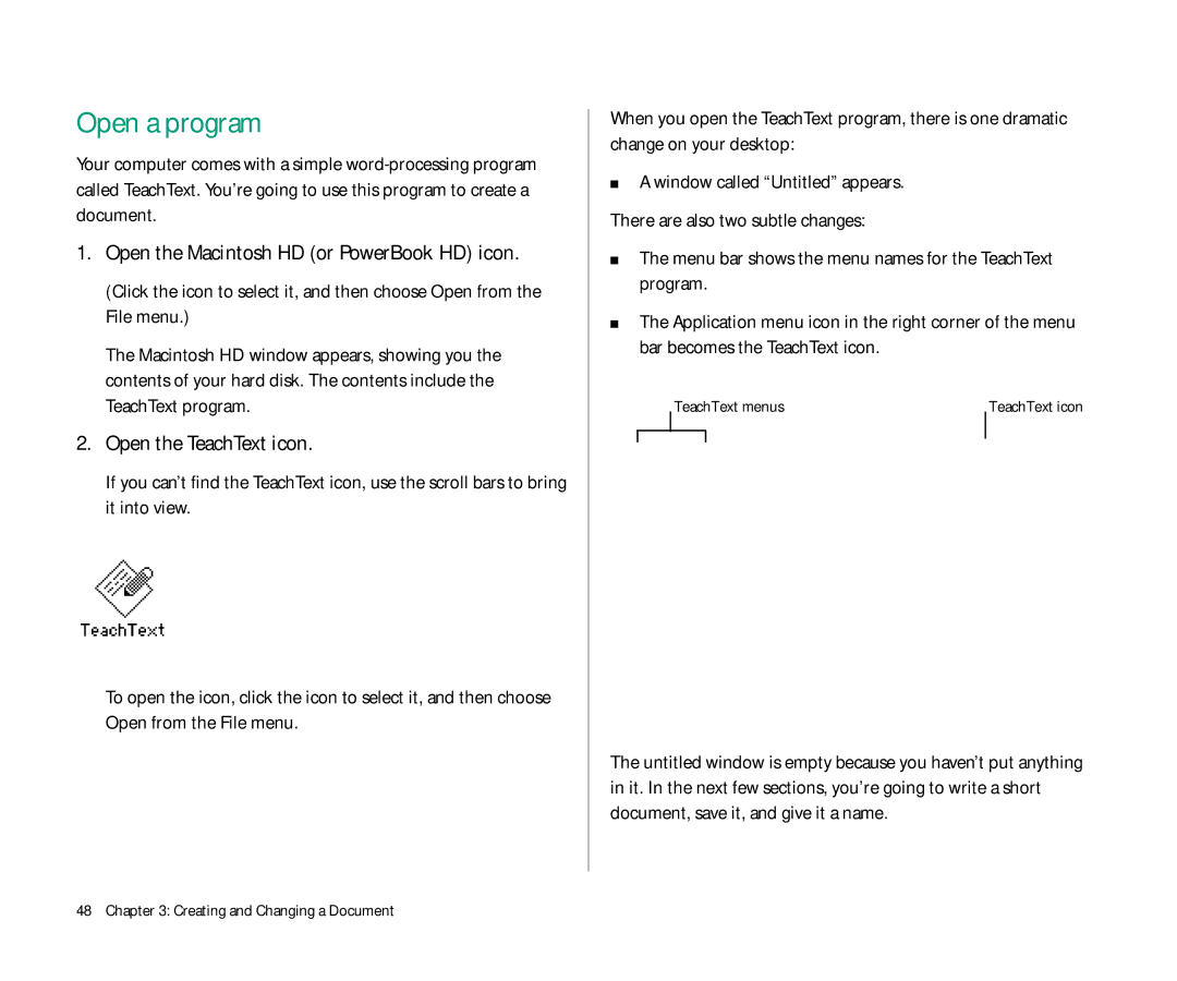 Apple Duo 270C manual Open a program, Open the TeachText icon, TeachText menus, Creating and Changing a Document 