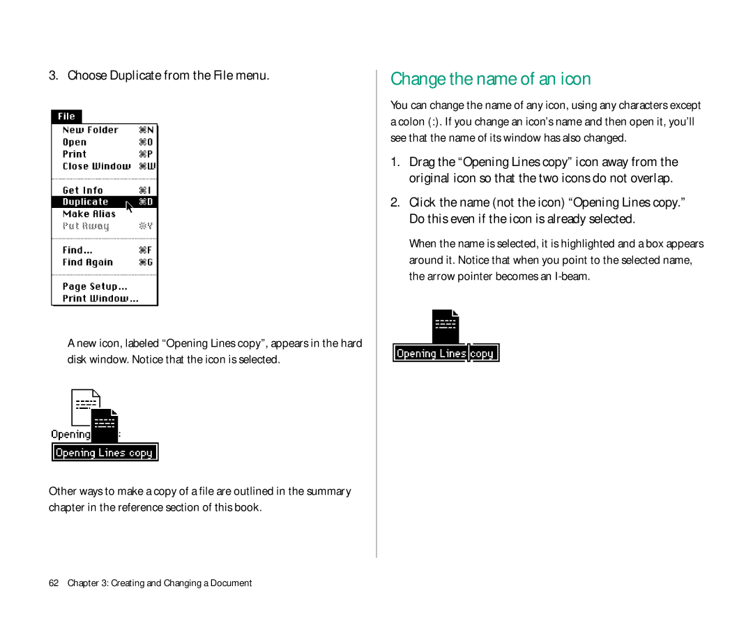 Apple Duo 270C manual Change the name of an icon, Choose Duplicate from the File menu 