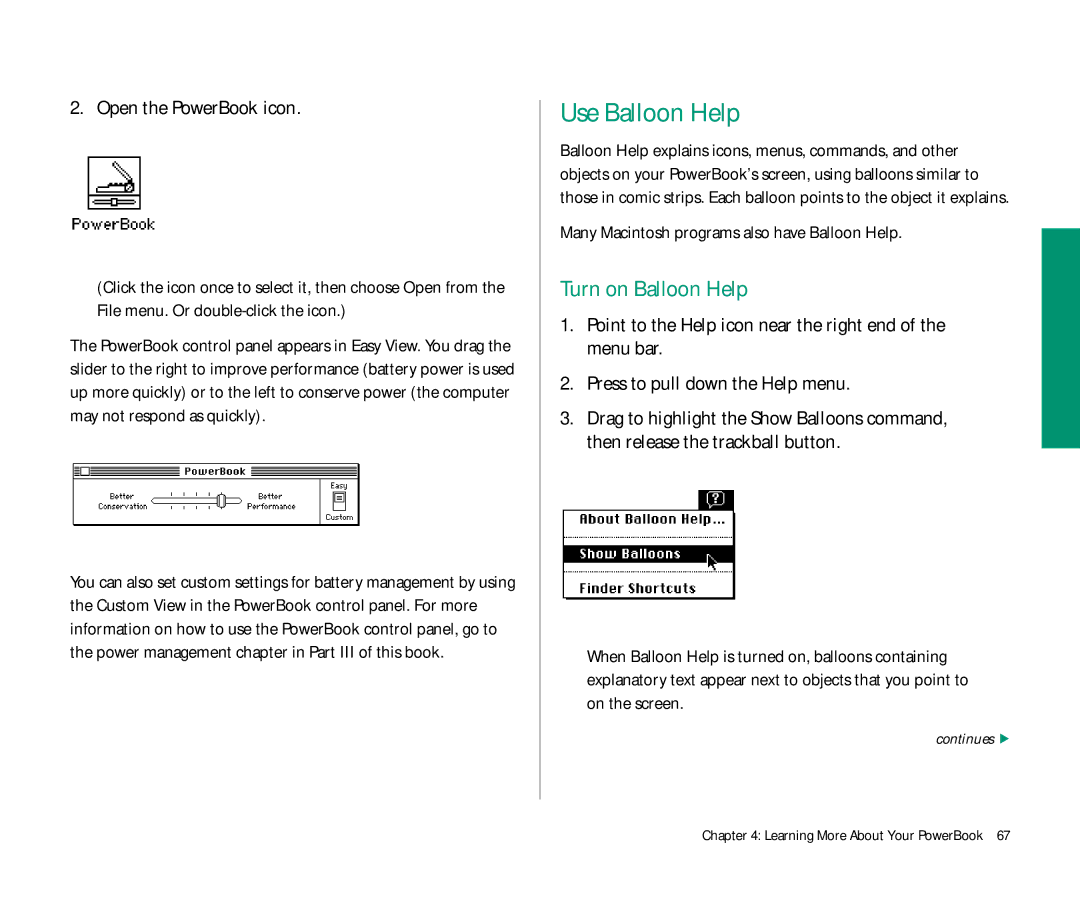 Apple Duo 270C manual Use Balloon Help, Turn on Balloon Help, Open the PowerBook icon 