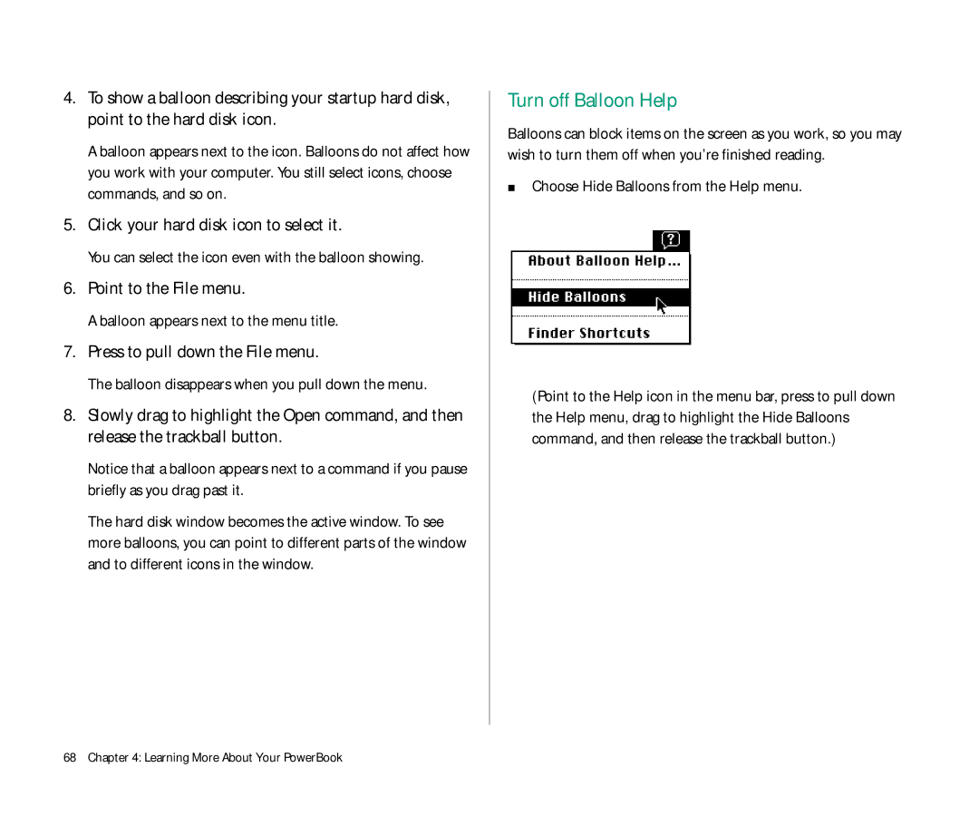 Apple Duo 270C manual Turn off Balloon Help, Click your hard disk icon to select it, Point to the File menu 