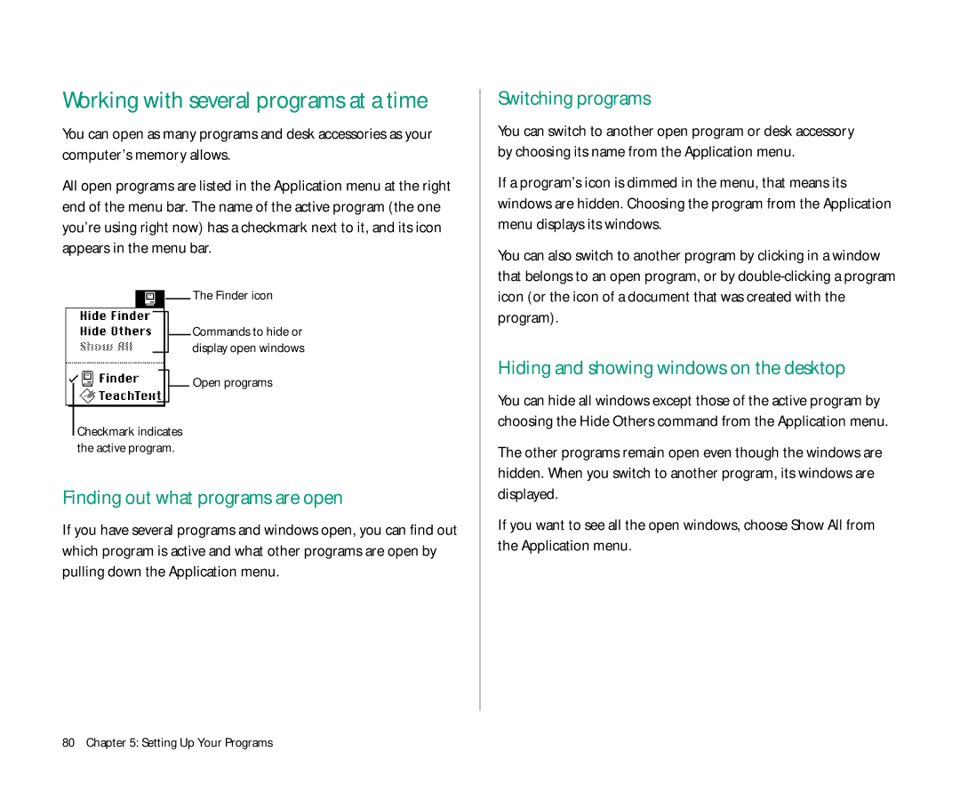 Apple Duo 270C manual Finding out what programs are open, Switching programs, Hiding and showing windows on the desktop 