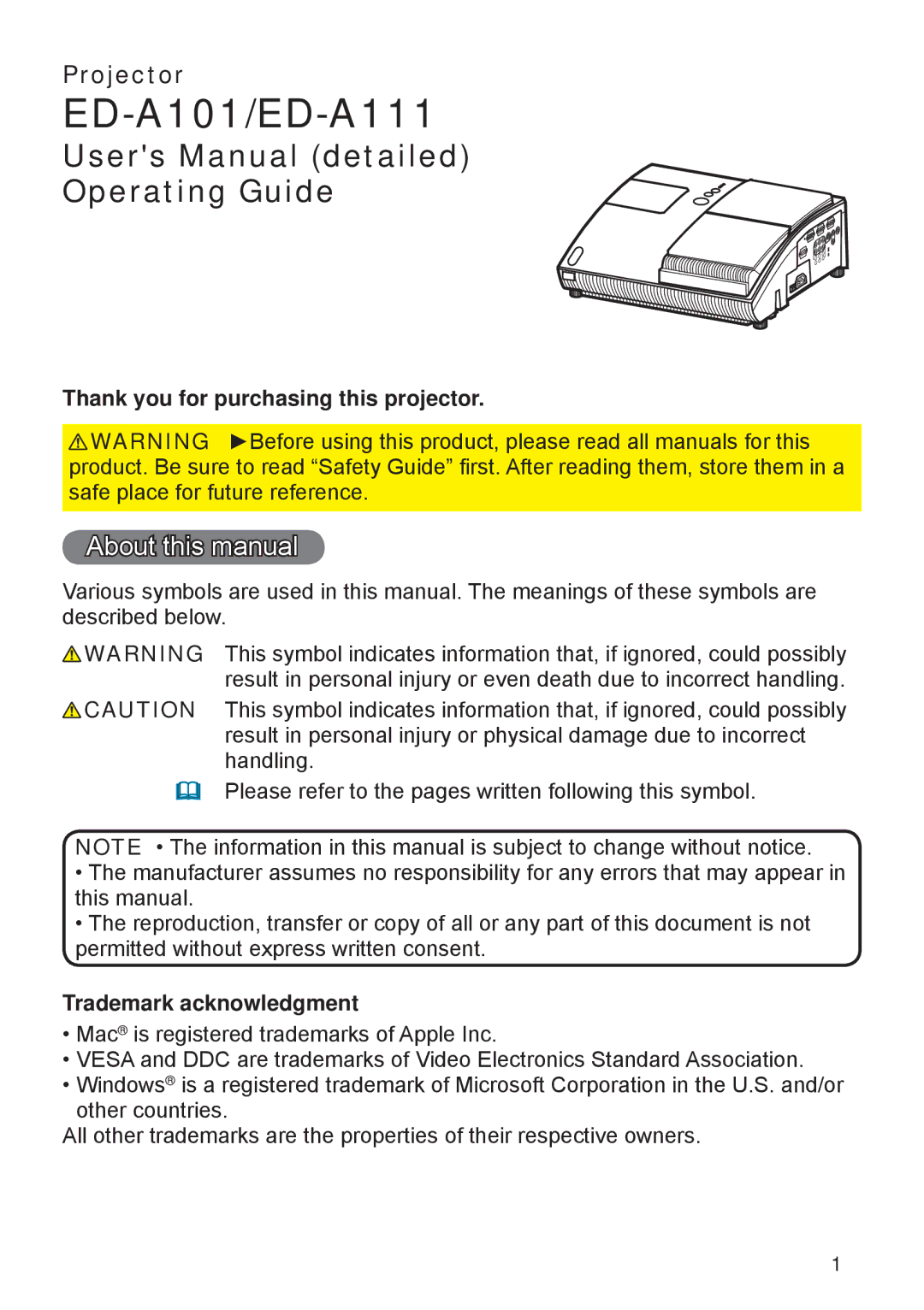 Apple ED-A101, ED-A111 manual About this manual, Thank you for purchasing this projector, Trademark acknowledgment 