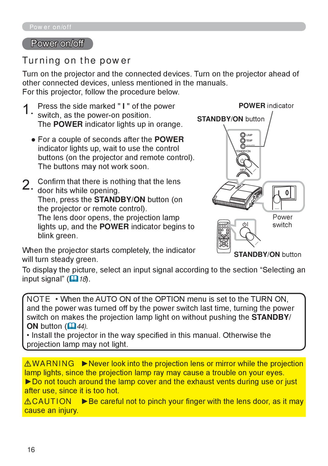 Apple ED-A111, ED-A101 manual Power on/off, Turning on the power, Power indicator, STANDBY/ON button, Power switch 