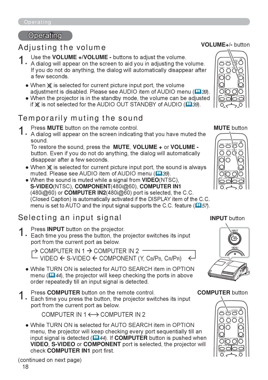 Apple ED-A111, ED-A101 manual Operating, Adjusting the volume, Temporarily muting the sound, Selecting an input signal 