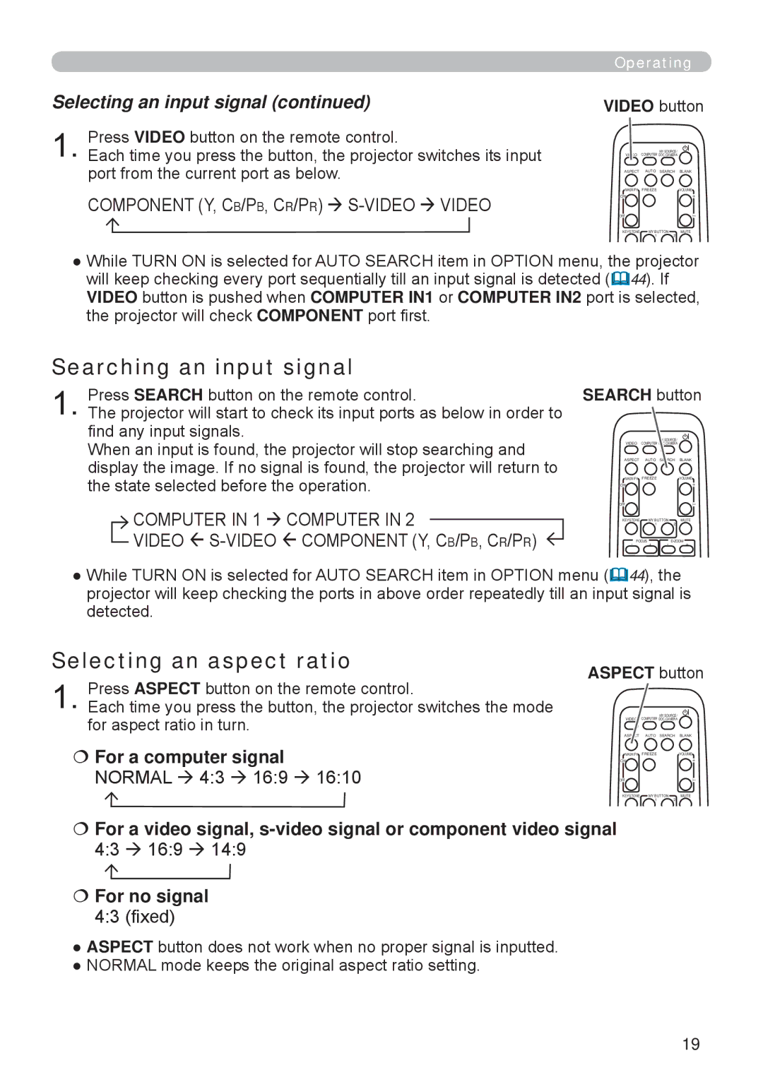 Apple ED-A101 Searching an input signal, Selecting an aspect ratio, Selecting an input signal,  For a computer signal 