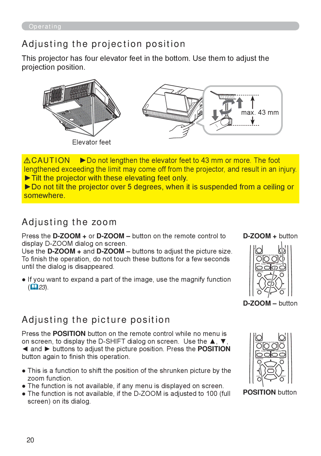 Apple ED-A111, ED-A101 manual Adjusting the projection position, Adjusting the zoom, Adjusting the picture position 