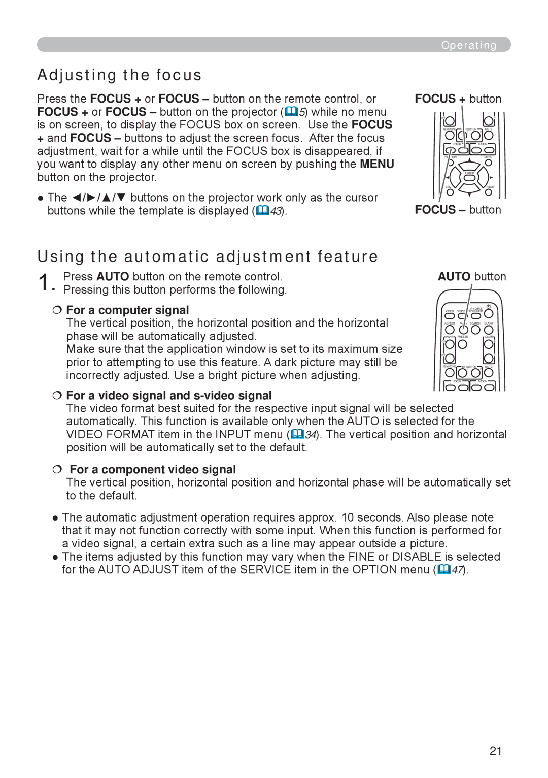 Apple ED-A101, ED-A111 manual Adjusting the focus, Using the automatic adjustment feature 