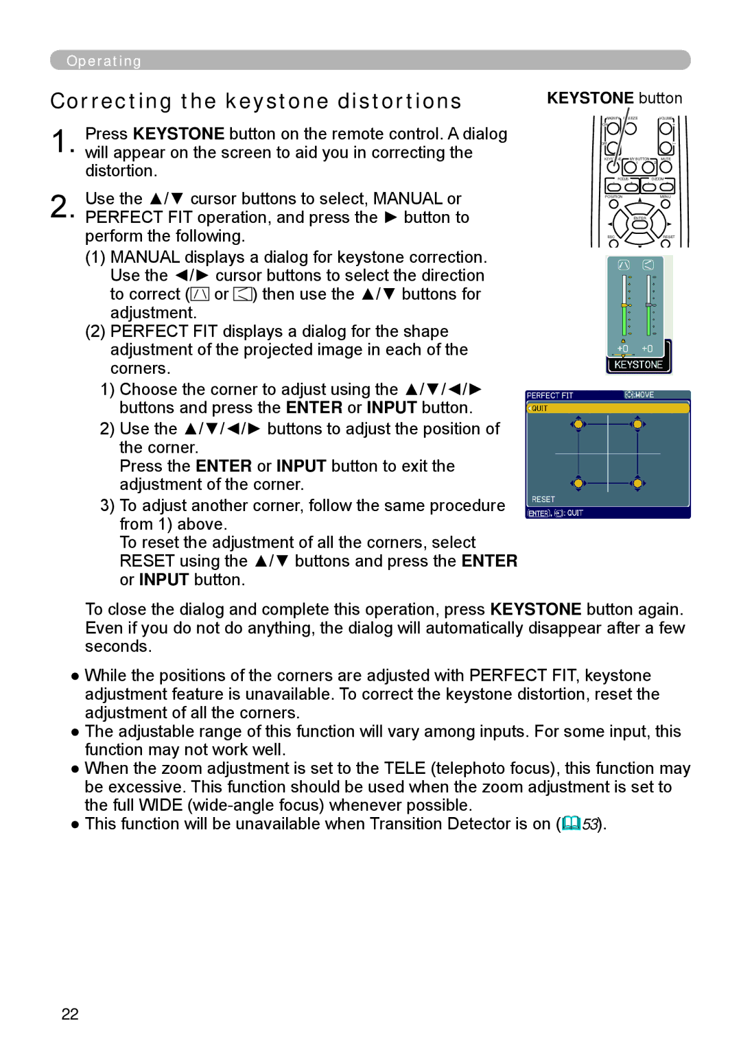 Apple ED-A111, ED-A101 manual Correcting the keystone distortions, Keystone button 