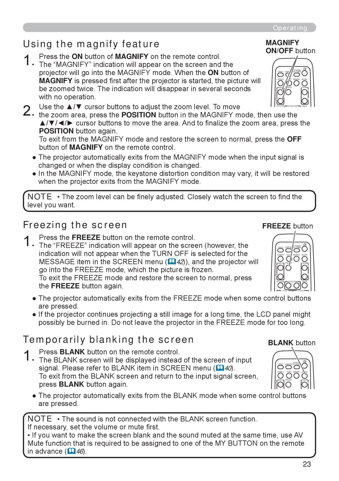 Apple ED-A101, ED-A111 manual Using the magnify feature, Freezing the screen, Temporarily blanking the screen 