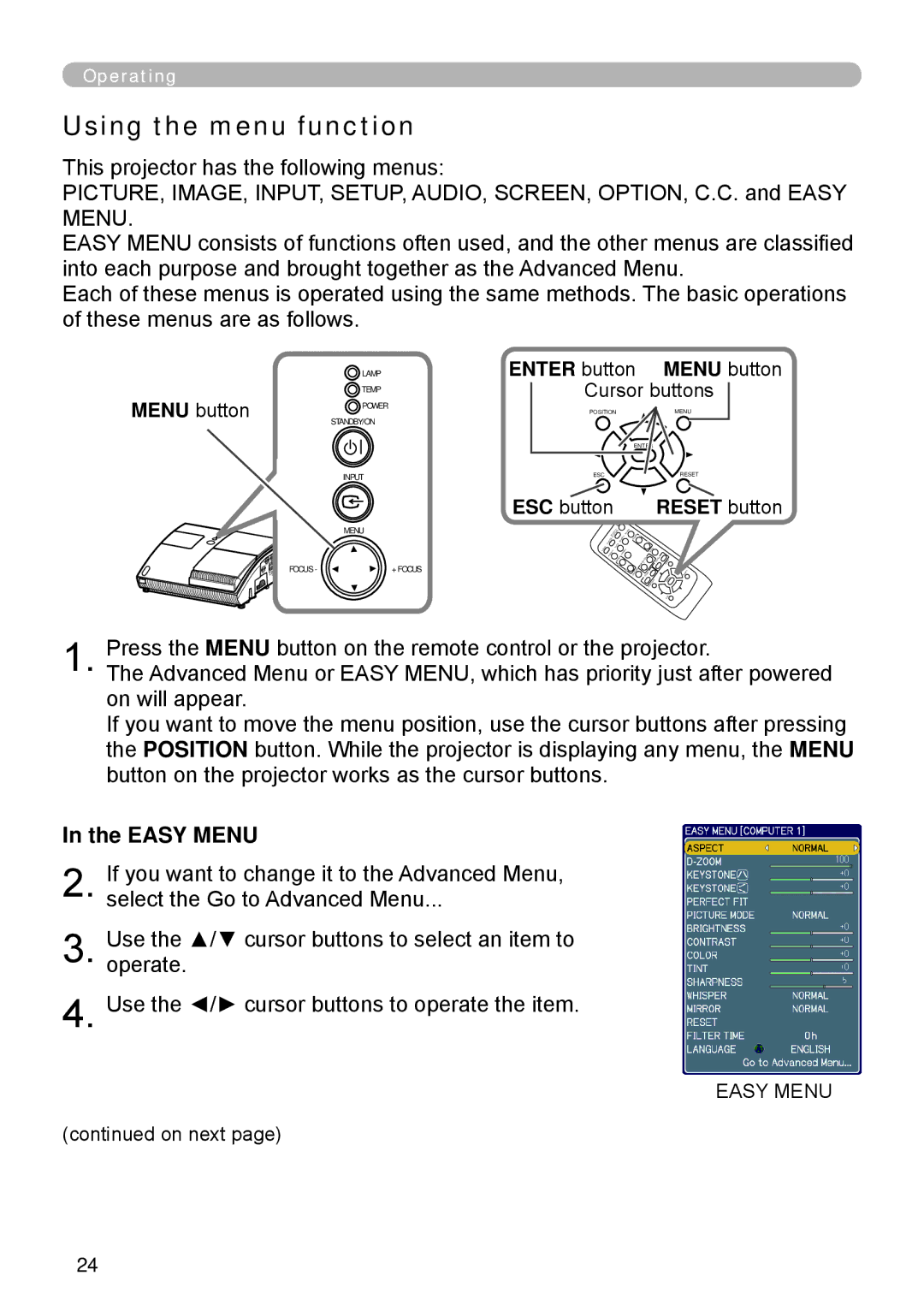 Apple ED-A111, ED-A101 manual Using the menu function, Easy Menu, Enter button, Reset button 