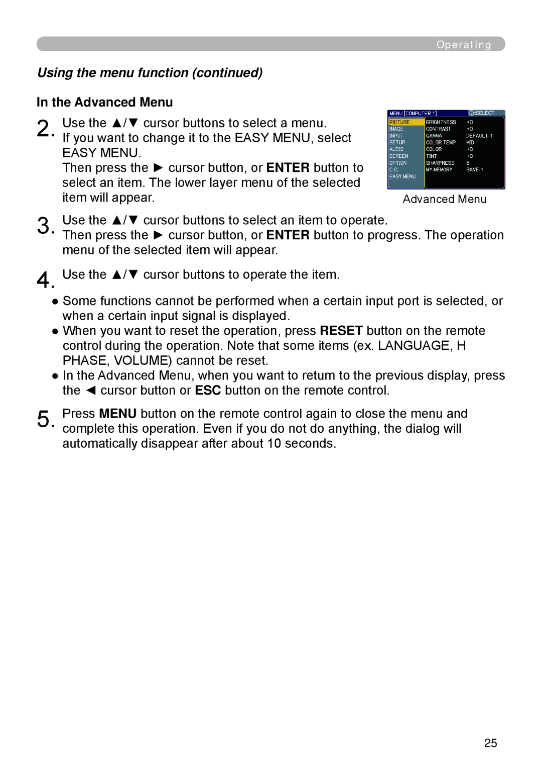 Apple ED-A101, ED-A111 manual Using the menu function, Advanced Menu 