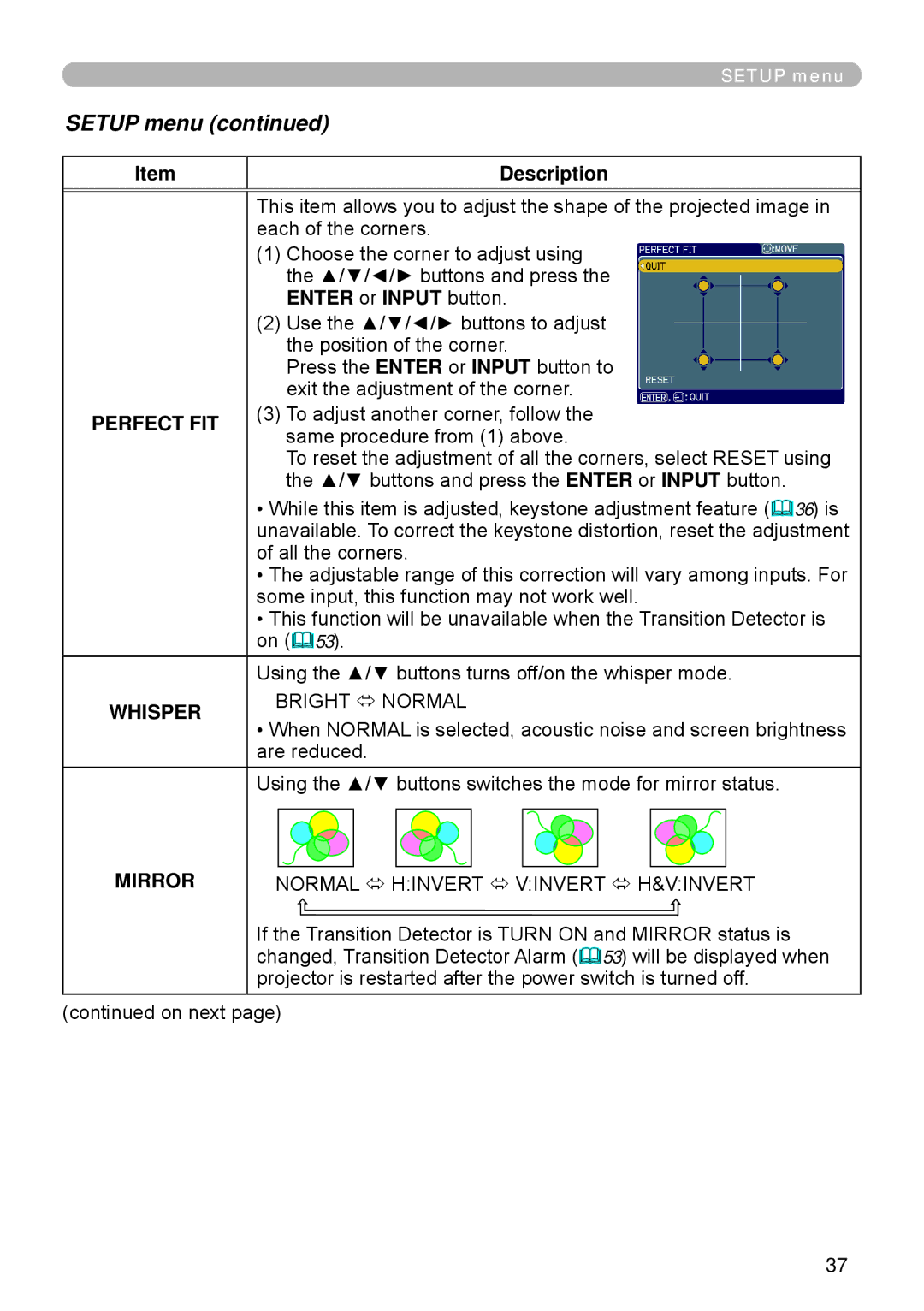 Apple ED-A101, ED-A111 manual Setup menu, Enter or Input button, Perfect FIT 