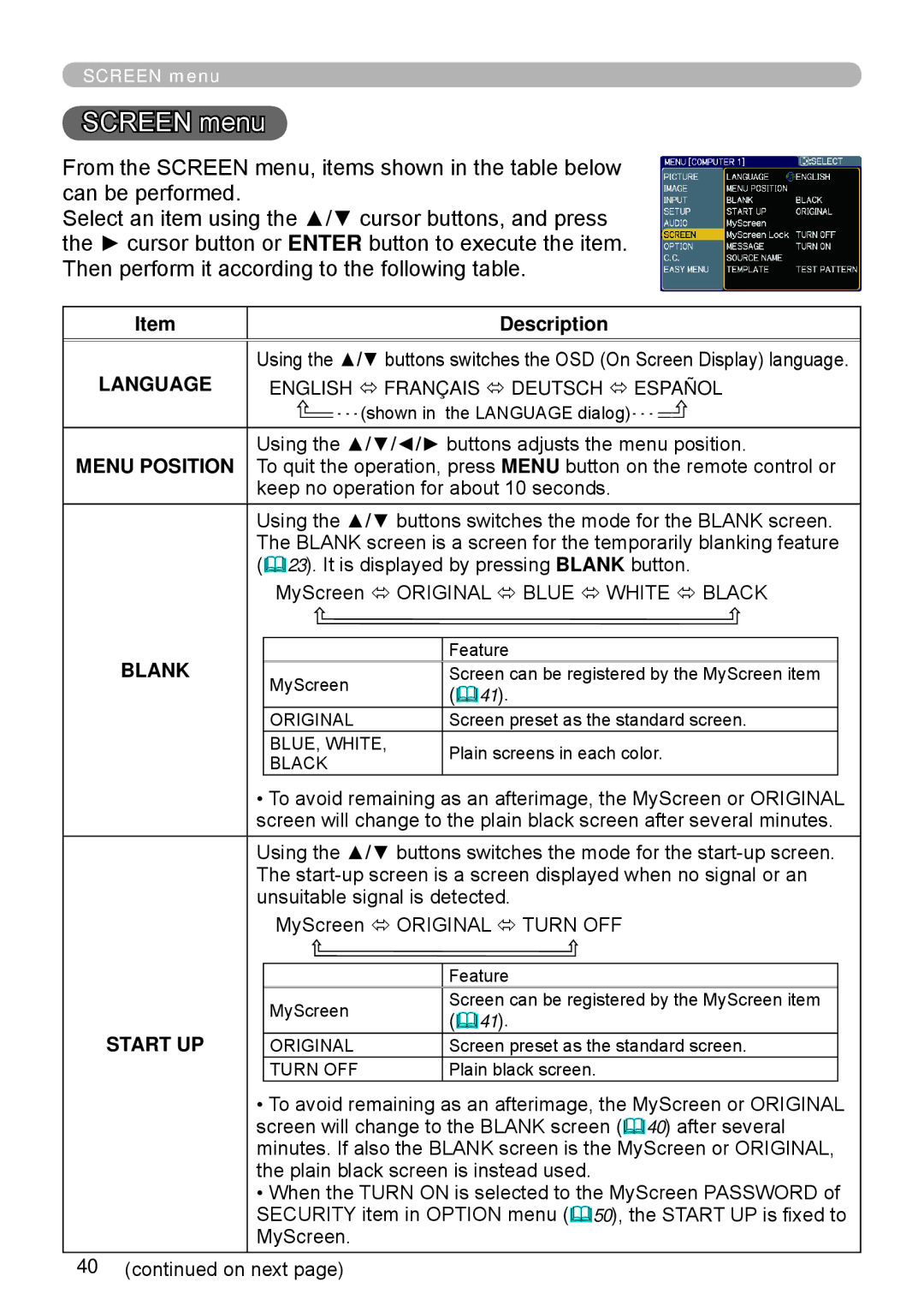 Apple ED-A111, ED-A101 manual Screen menu, Blank, Start UP 