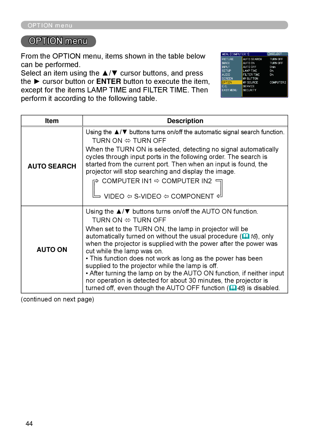 Apple ED-A111, ED-A101 manual Option menu, Auto Search, Auto on 