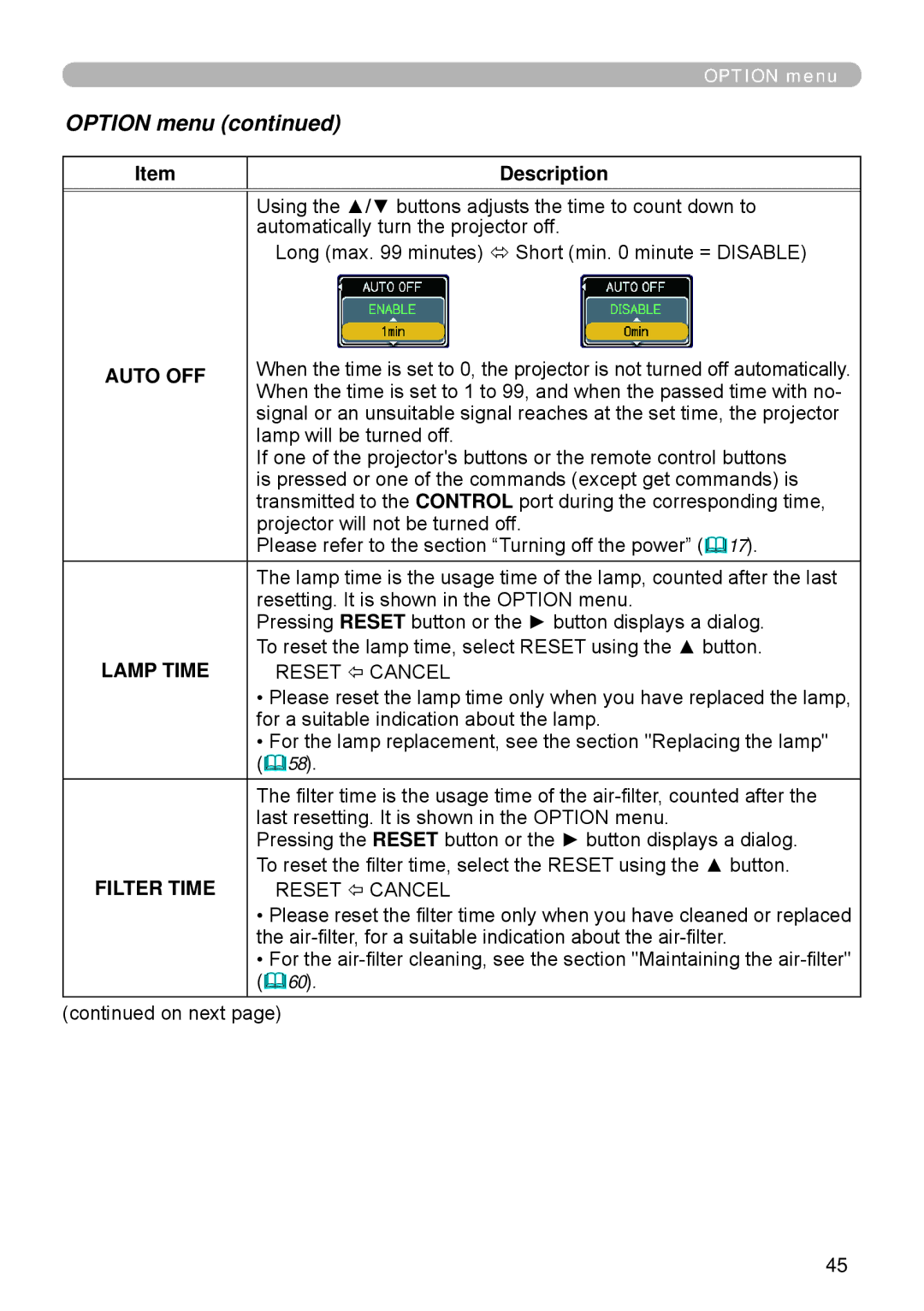 Apple ED-A101, ED-A111 manual Option menu, Auto OFF, Lamp Time 