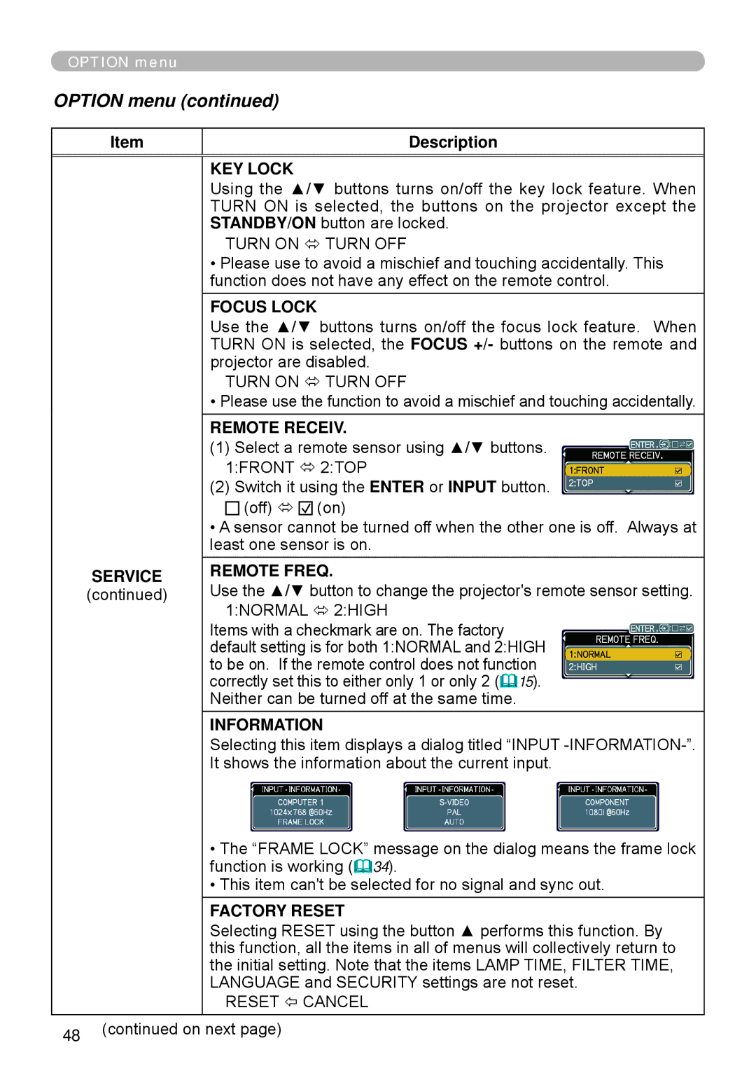 Apple ED-A111, ED-A101 manual KEY Lock, Focus Lock, Remote Receiv, Service Remote Freq, Information, Factory Reset 