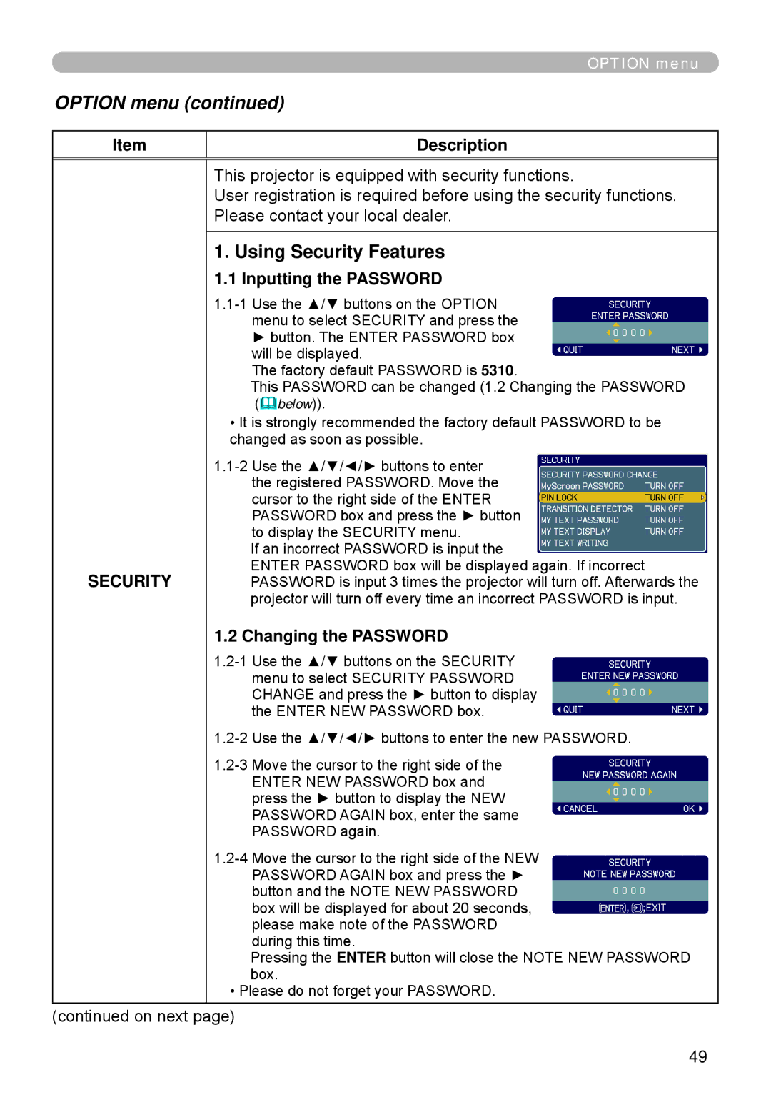 Apple ED-A101, ED-A111 manual Using Security Features, Inputting the Password, Changing the Password 