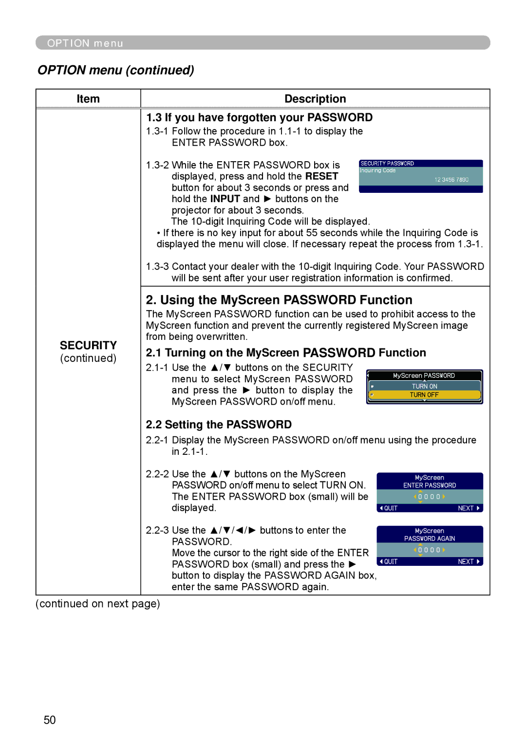 Apple ED-A111, ED-A101 Using the MyScreen Password Function, If you have forgotten your Password, Setting the Password 