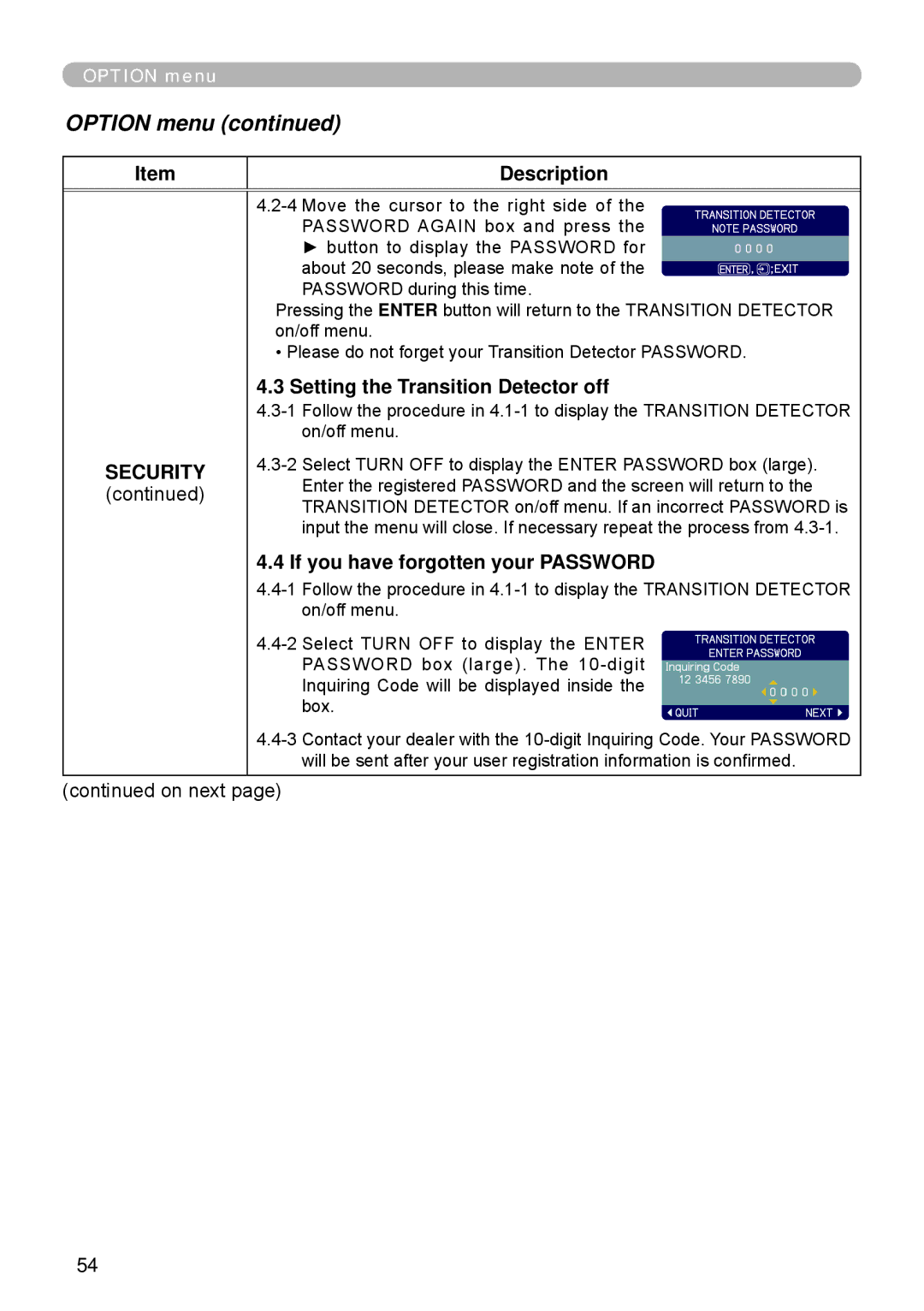 Apple ED-A111, ED-A101 manual Description, Setting the Transition Detector off 