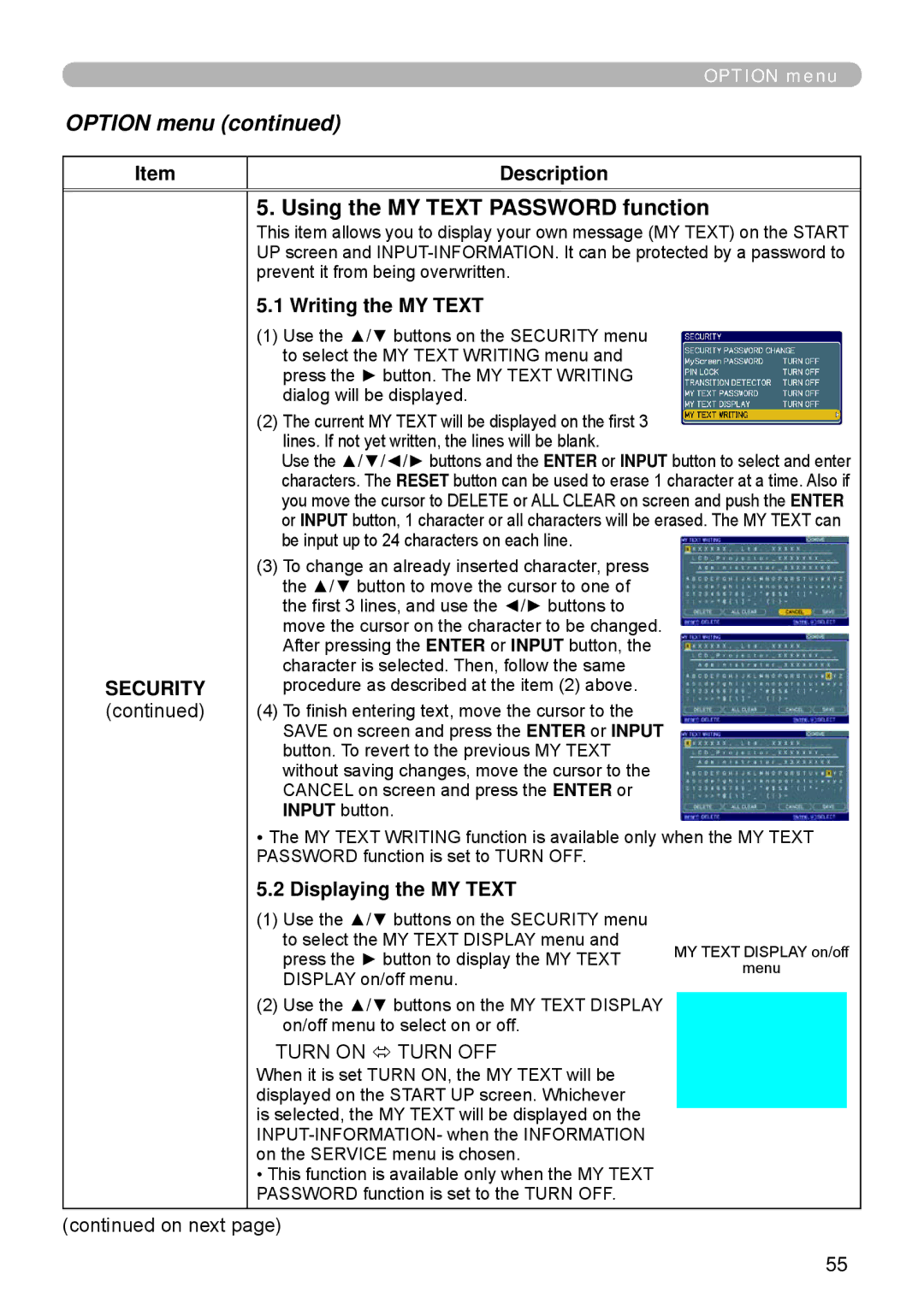 Apple ED-A101, ED-A111 manual Using the MY Text Password function, Writing the MY Text, Displaying the MY Text 